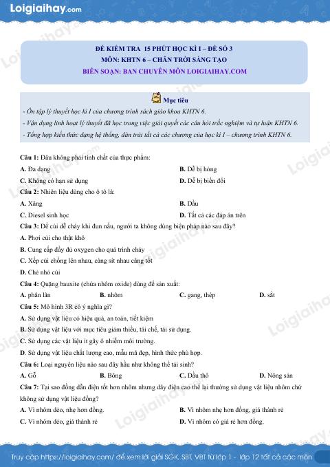 Đề kiểm tra 15 phút hk1 - đề số 3 Khoa học tự nhiên 6 có lời giải chi tiết